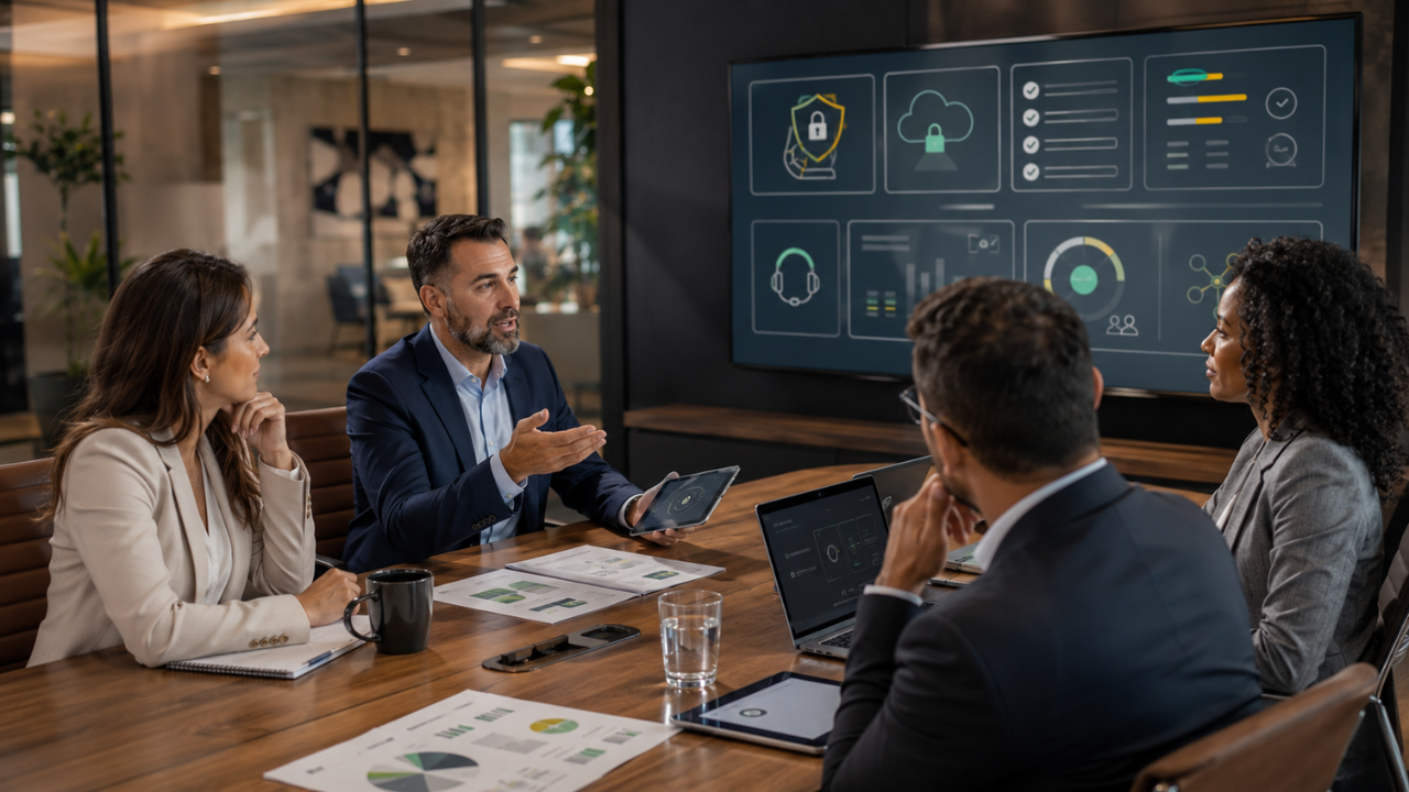 IT consultant discussing wireless security, cloud access, and help desk support during a business Wi-Fi planning meeting.