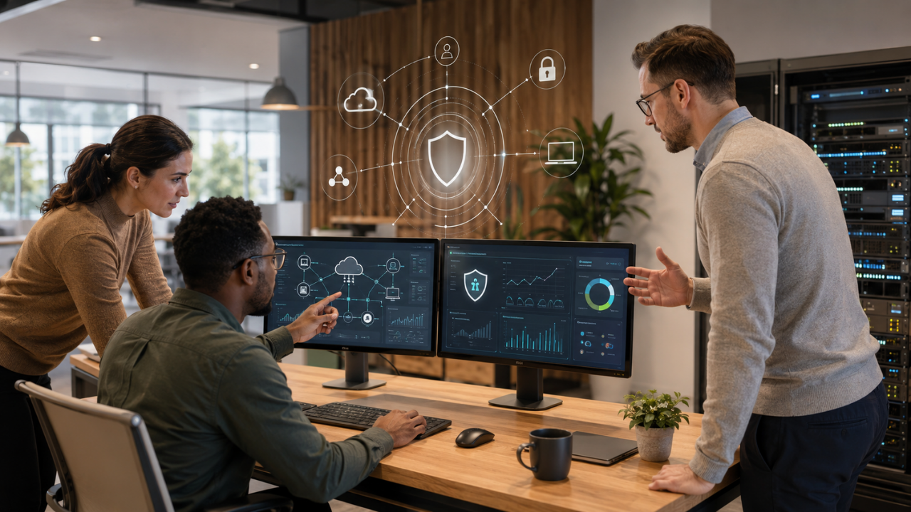 IT team reviewing managed cybersecurity risks, cloud access, and network protection.