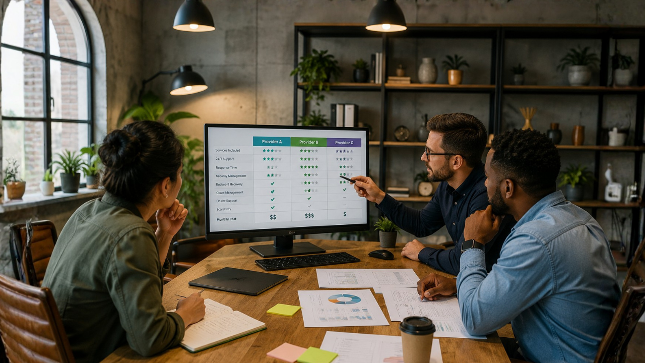 Dallas team comparing managed cybersecurity providers, service scope, and IT support pricing.