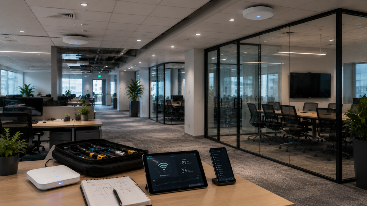 Office Wi-Fi coverage testing with access points, signal tools, and site survey equipment.