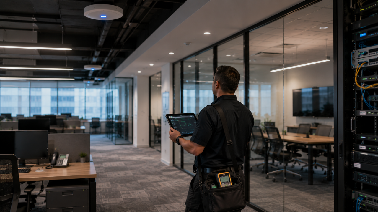Technician checking poor Wi-Fi coverage during an office site survey.