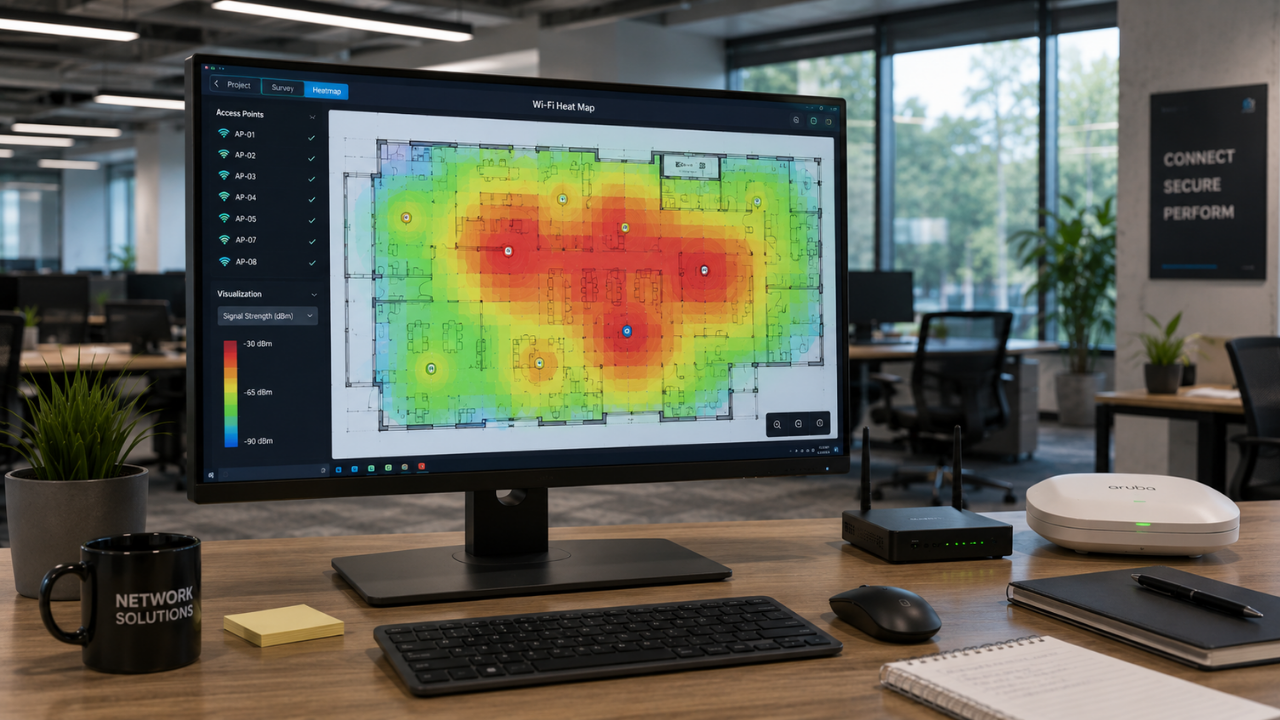 Wi-Fi heat map showing poor office Wi-Fi coverage and access point performance.
