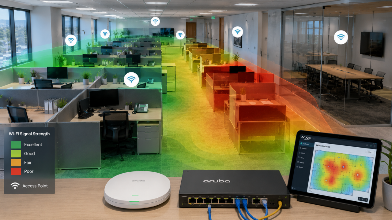 Office Wi-Fi heat map showing signal strength and poor coverage areas.