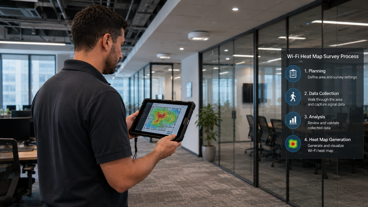 Technician generating a Wi-Fi heat map during an office site survey.