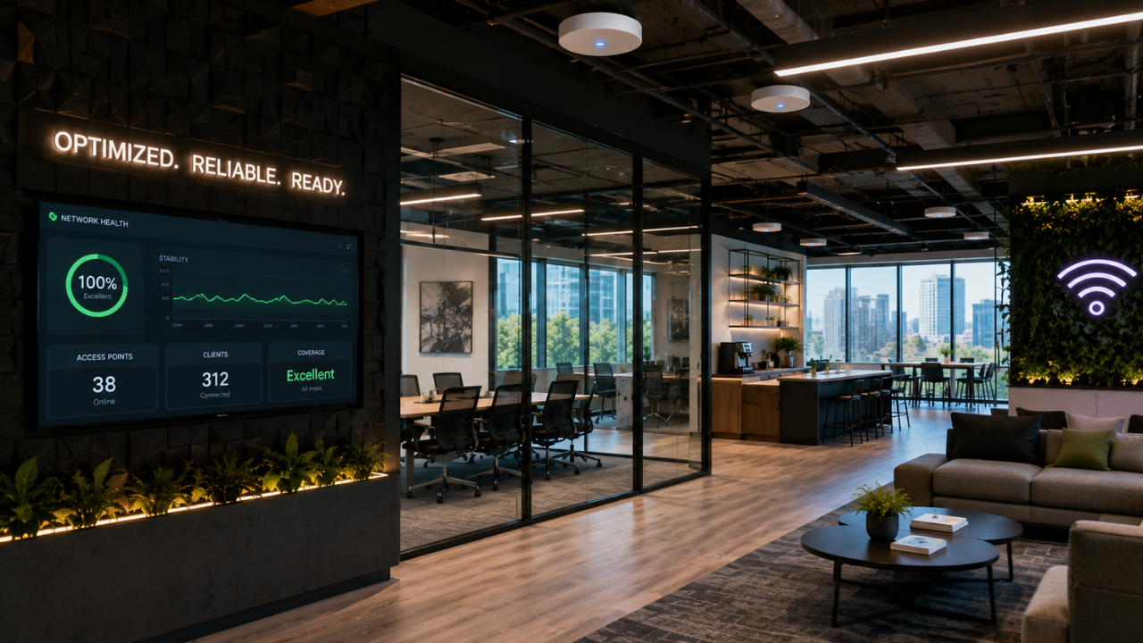 Optimized office Wi-Fi coverage after heat map testing and site survey improvements.