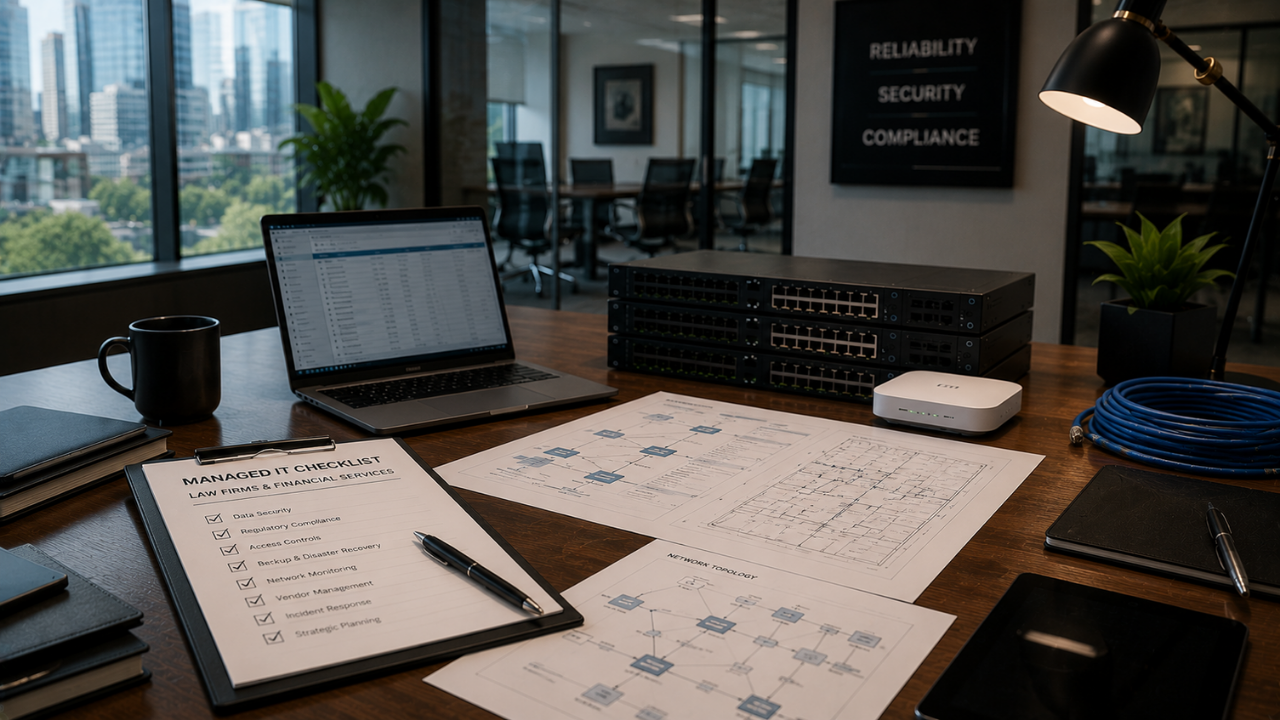 Managed IT checklist for law firms reviewing security, compliance, and network planning.