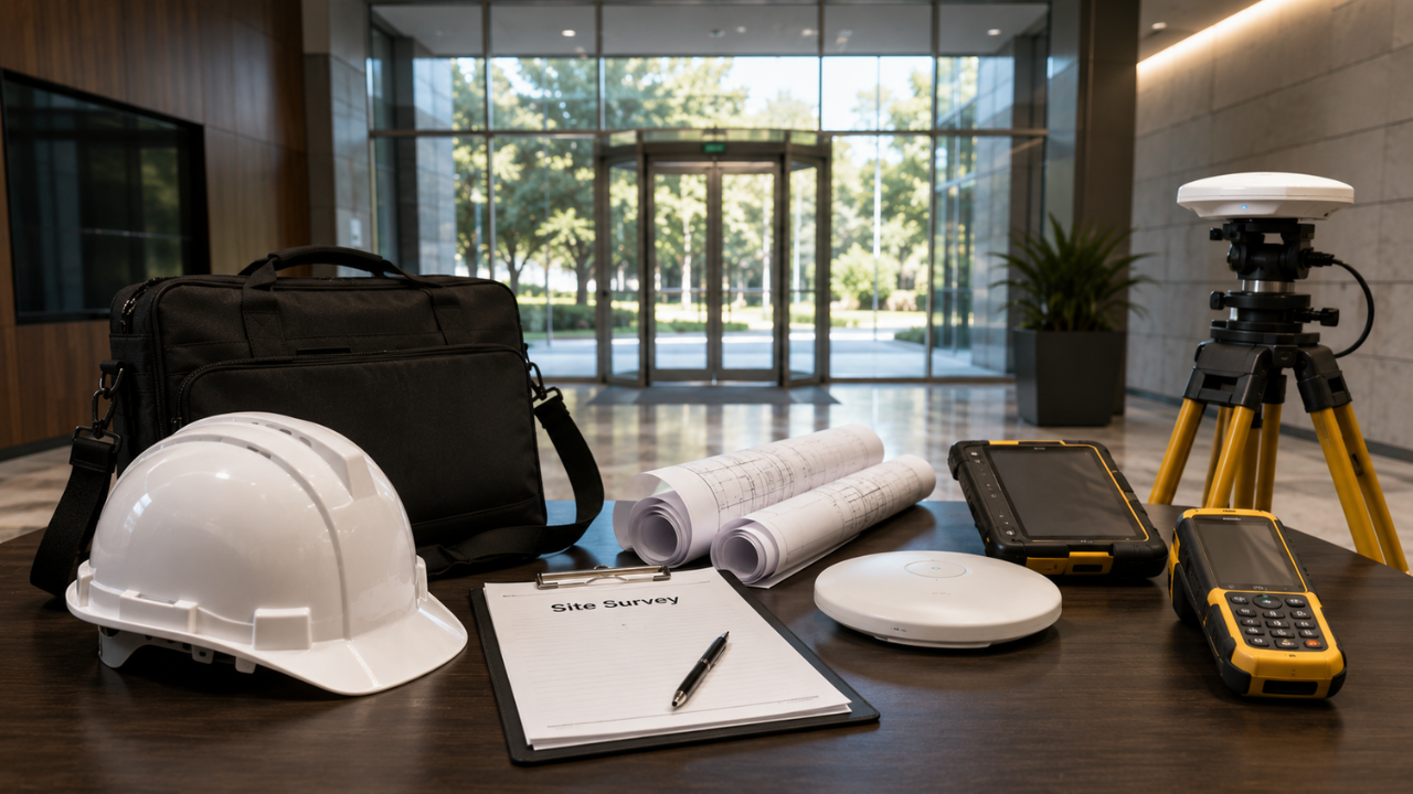 Wi-Fi survey equipment and floor plans prepared for an on-site assessment.