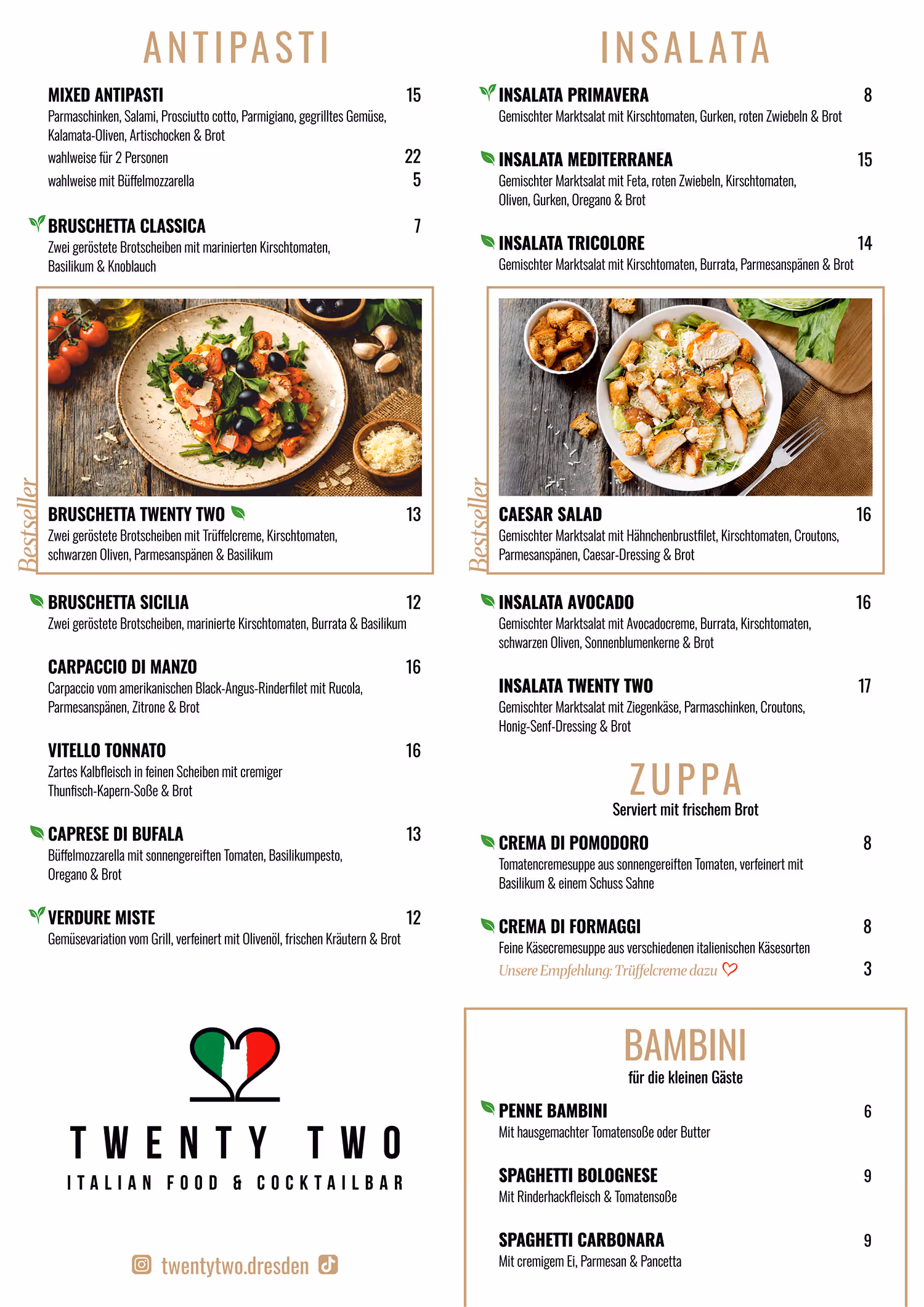 Italienische Speisekarte mit Pastagerichten, Pinsas und Desserts, inklusive Bildern von Pasta Al Tartufo und Pinsa Classica.