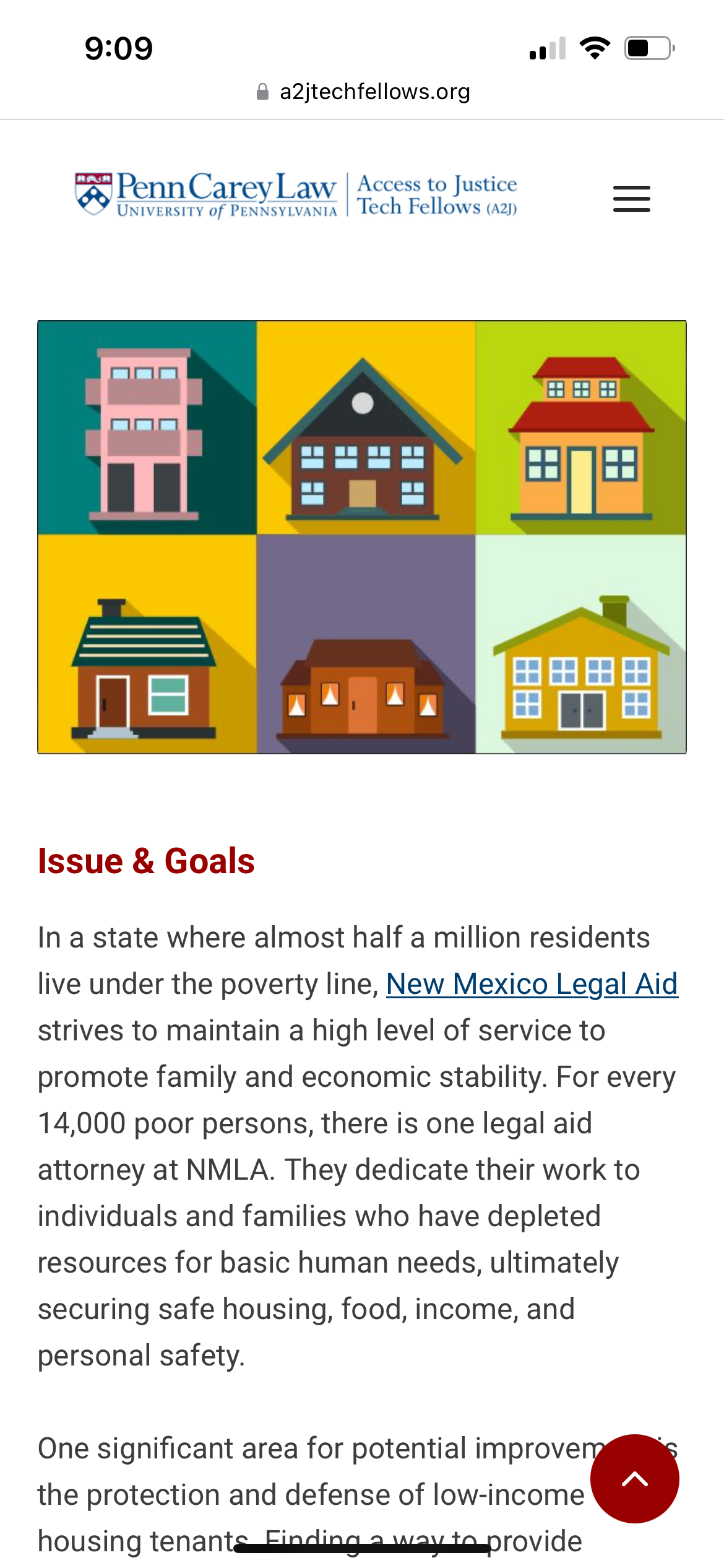 A screenshot of a mobile design on the access to justice website, featuring a card detailing one of the fellowship programs