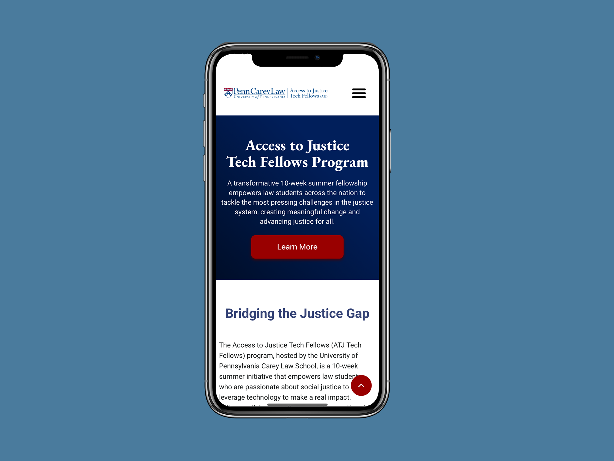 A stylized screenshot of the mobile home screen for the Access to Justice home page, inside of a mobile phone frame