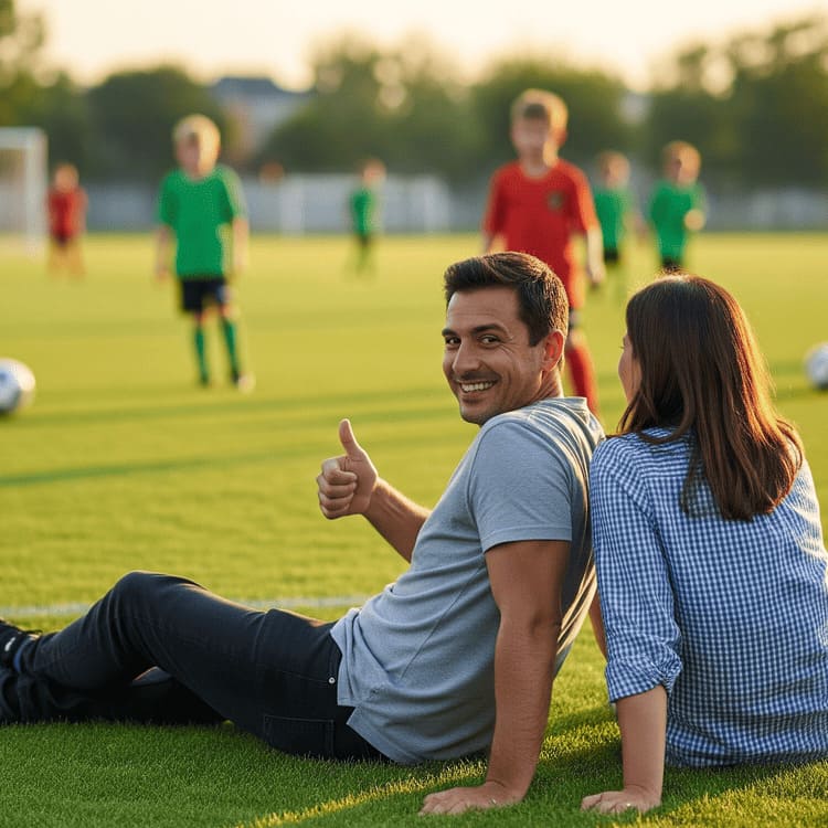Positive parental encouragement at a kids' soccer game. Parents watch calmly from the grass, modeling good sportsmanship.