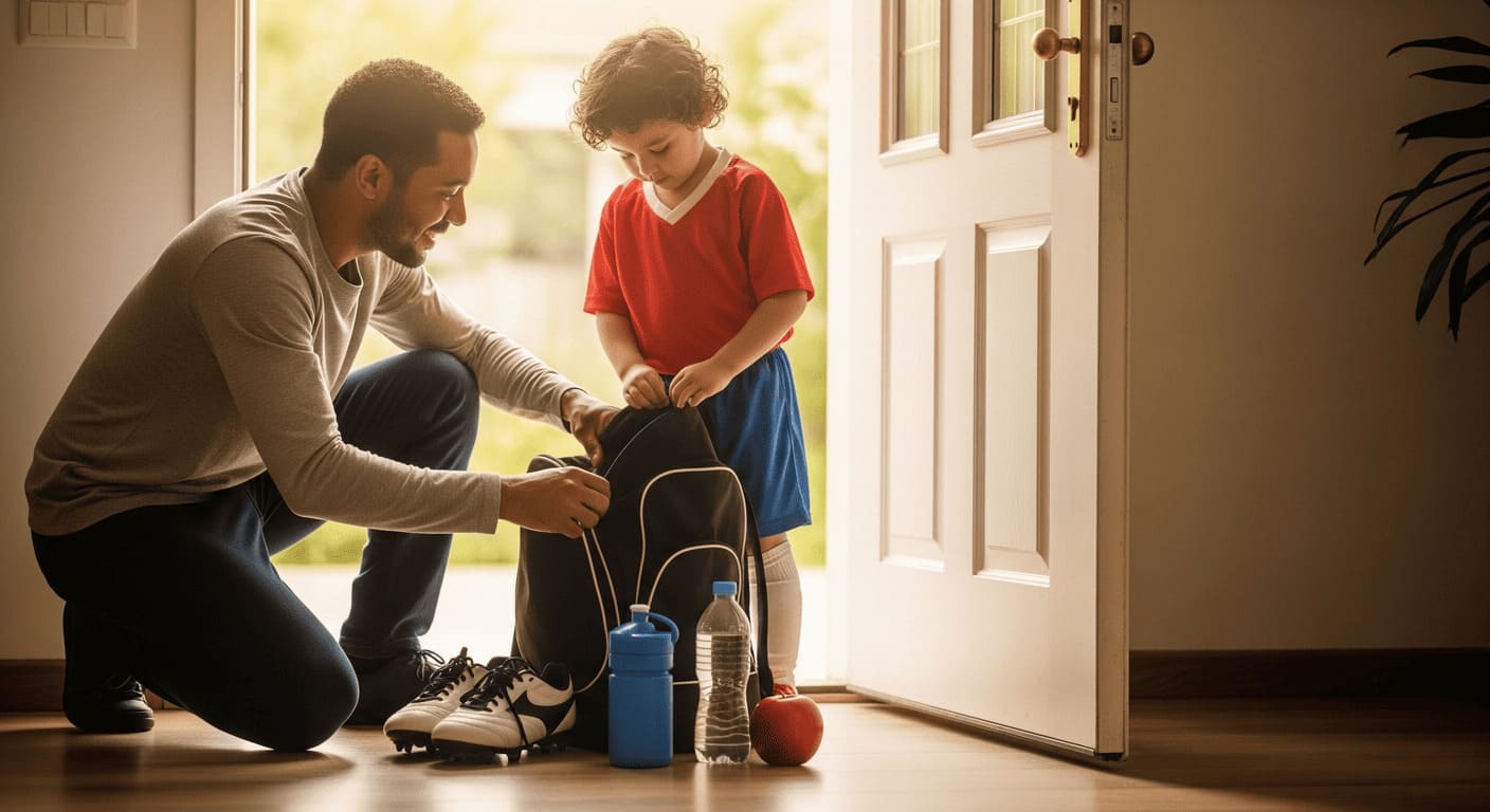 Young boy getting ready for soccer as his parent helps prepare his kit indoors