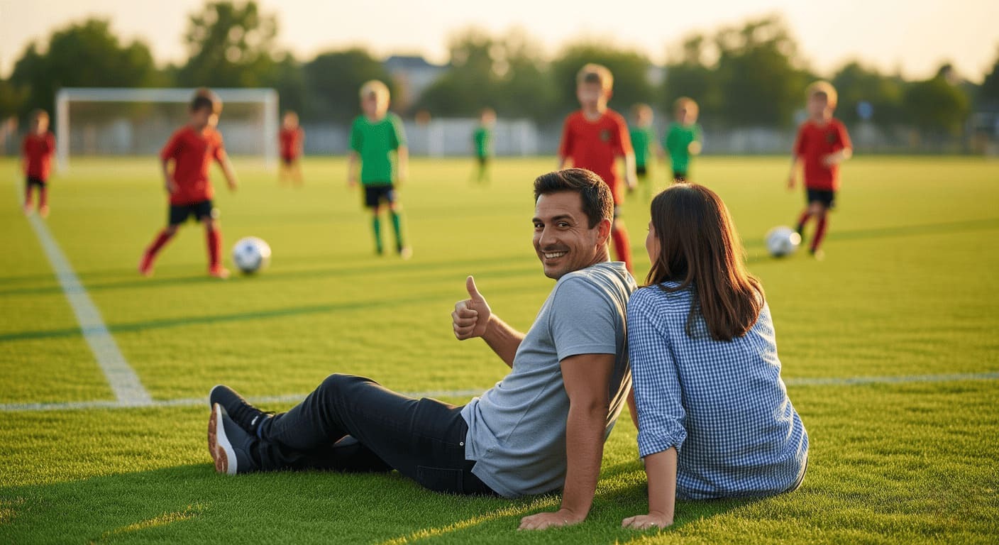  Parents positively supporting their child from the sidelines of a youth soccer game with a smile and a thumbs-up.
