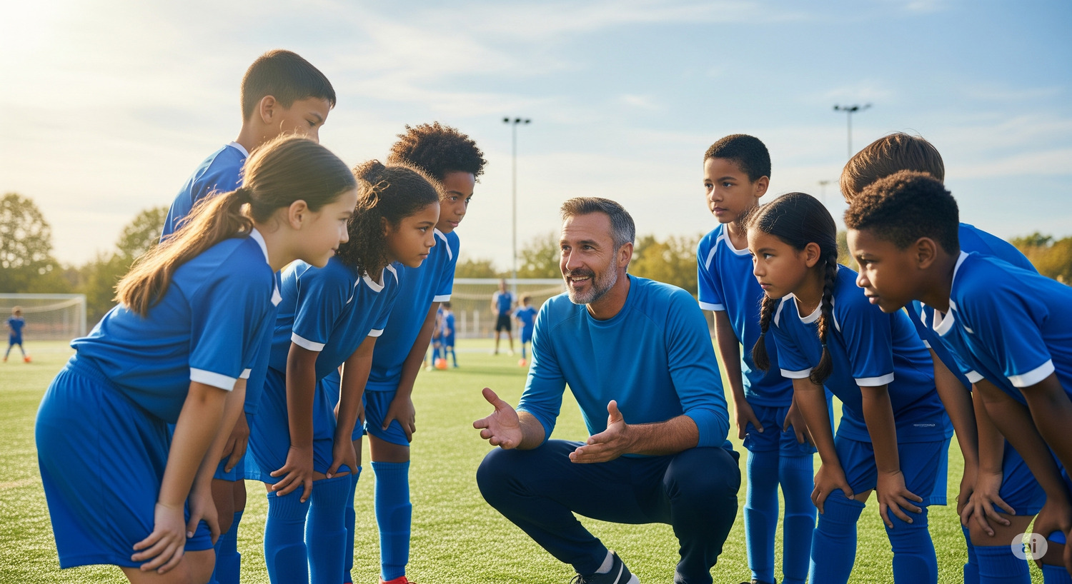 A youth soccer coach kneels and talks to his attentive team in a huddle, fostering teamwork and communication skills.
