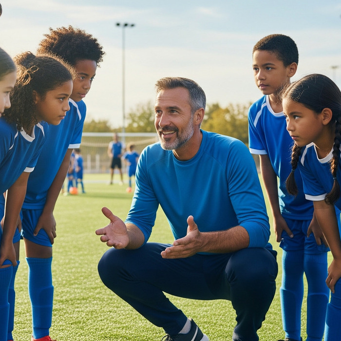 Positive coaching in action: a smiling coach guides his youth team, teaching life lessons and building a collaborative atmosphere.