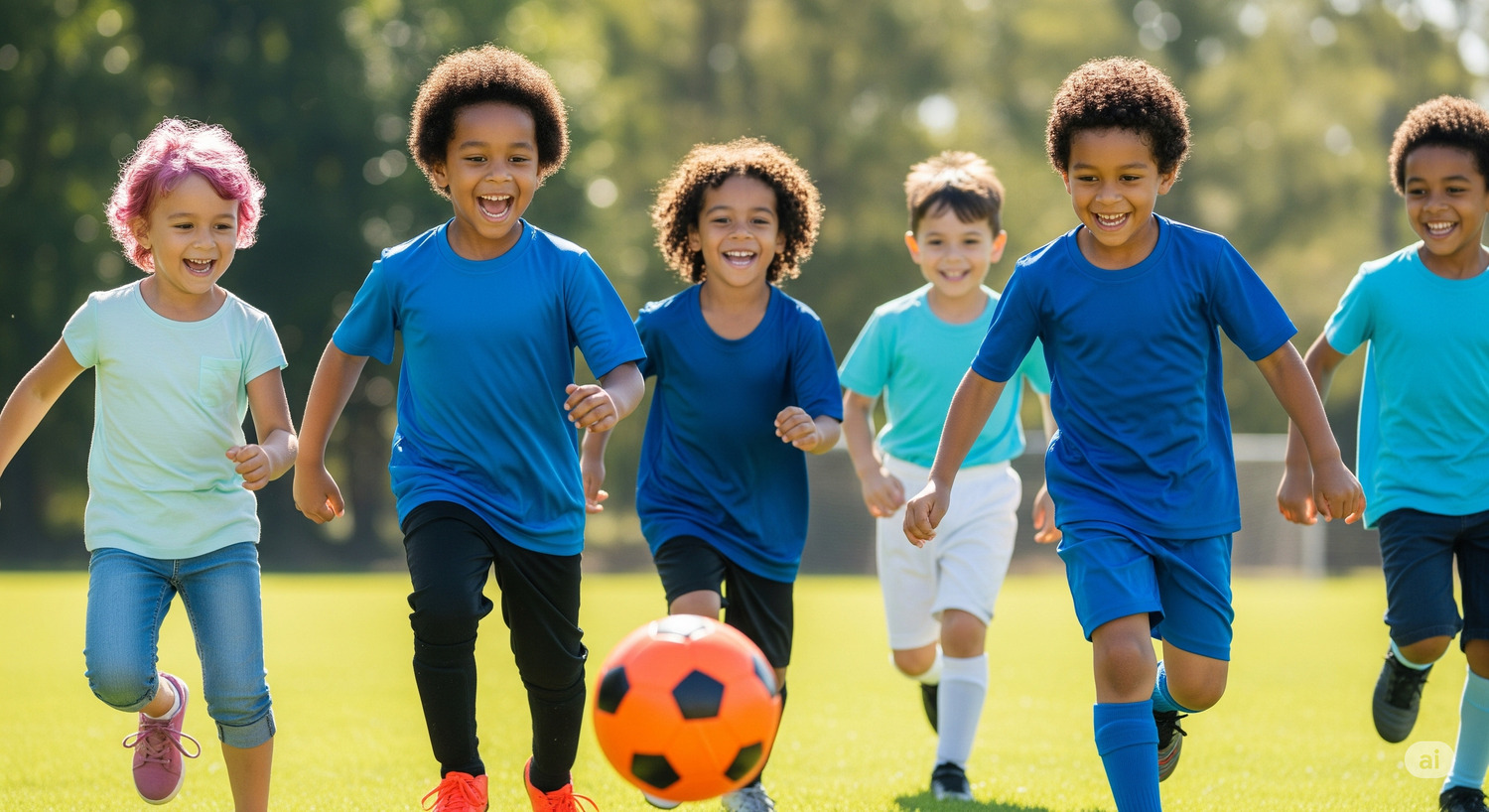 A diverse group of children joyfully running and chasing a soccer ball on a sunny field, highlighting the fun aspect of youth sports.