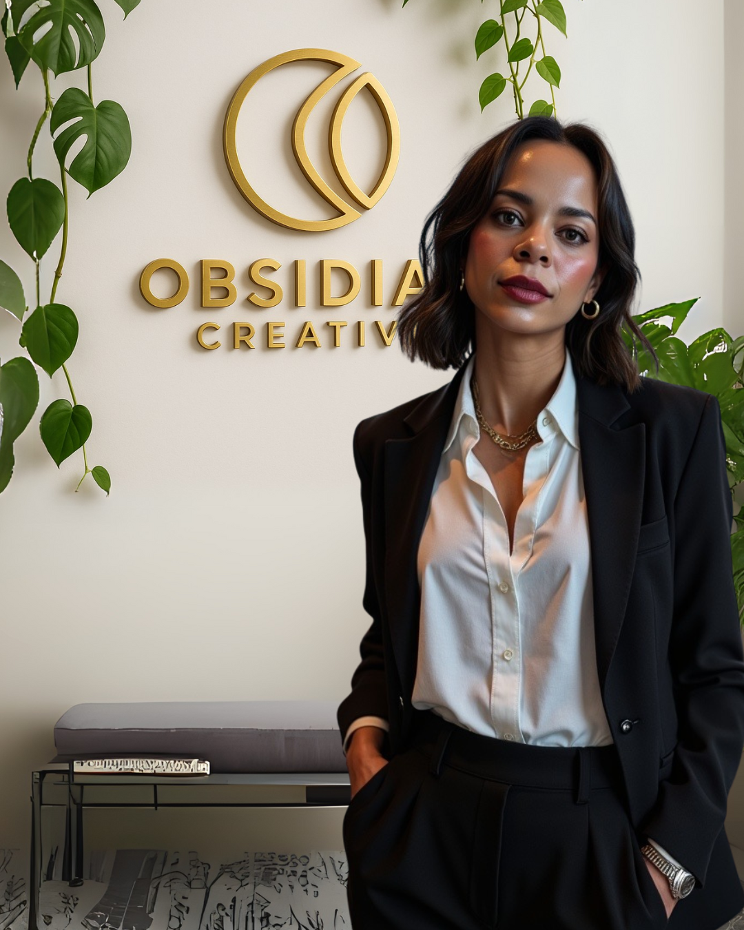  A woman in a suit stands confidently in front of a sign that reads "Obsidian Creative.