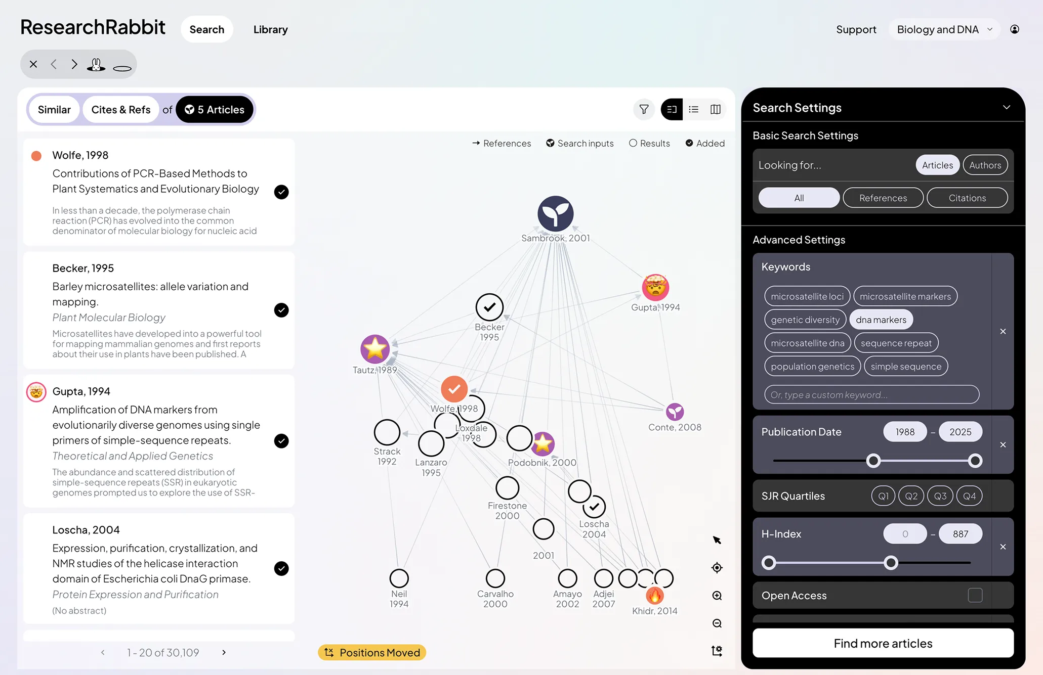 ResearchRabbit advanced search settings for finding articles