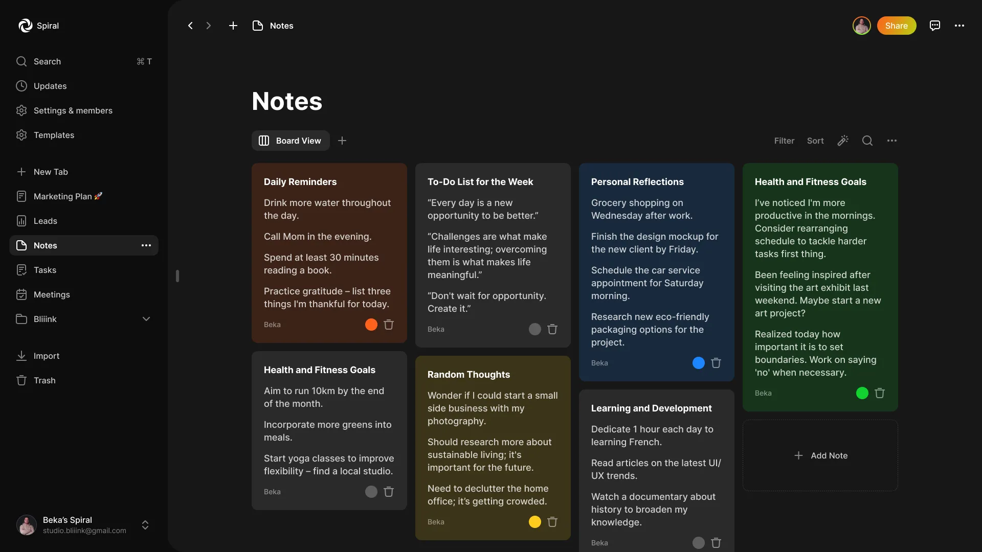 A screen of a platform named as Spiral, where it shows notes view in personal mode