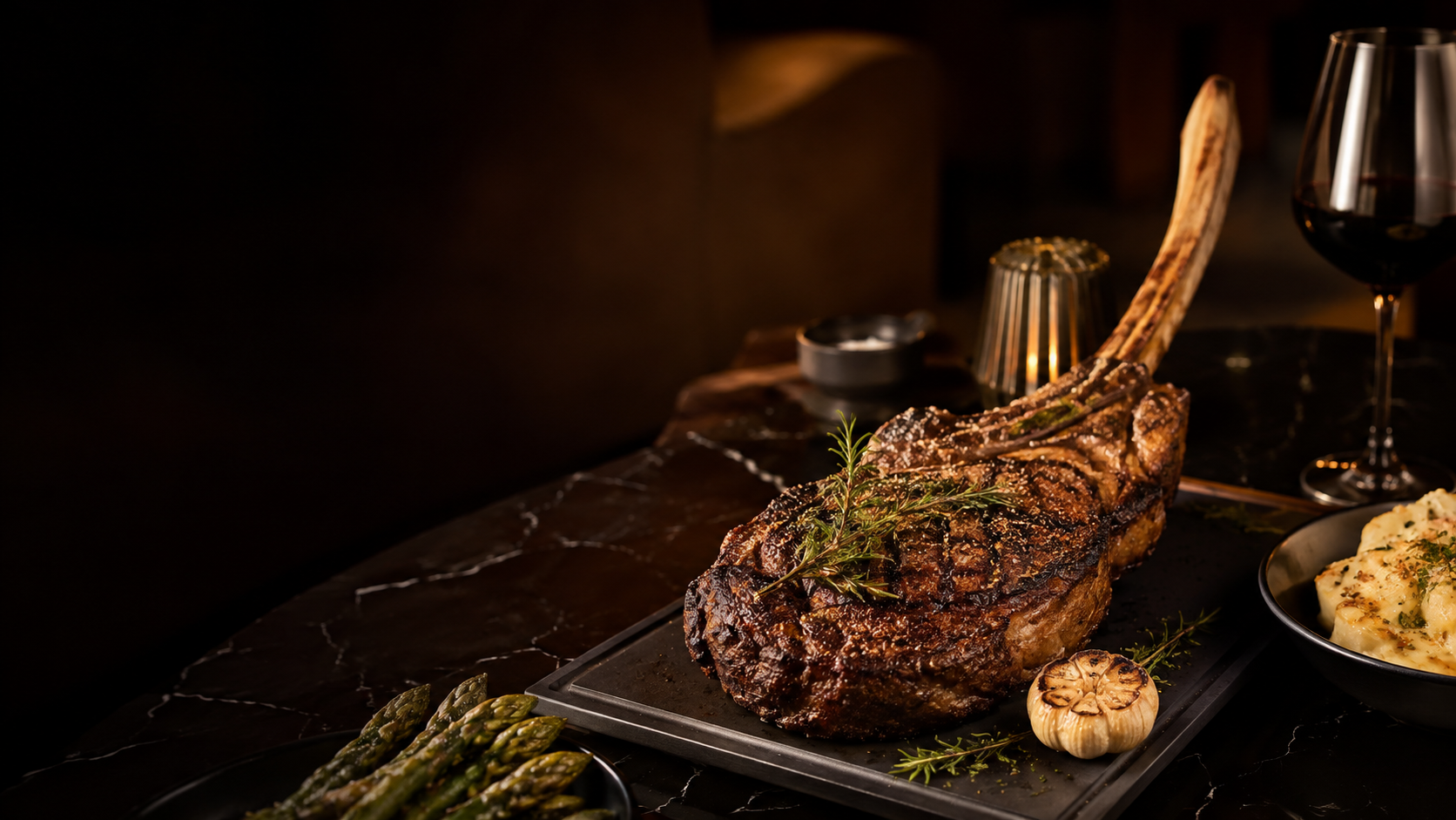 Prime Tomahawk steak served on a slate board with grilled asparagus at Duke's Steakhouse in Metuchen, NJ