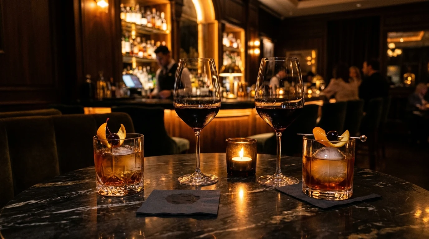 Cocktails and wine glasses for romantic dinner