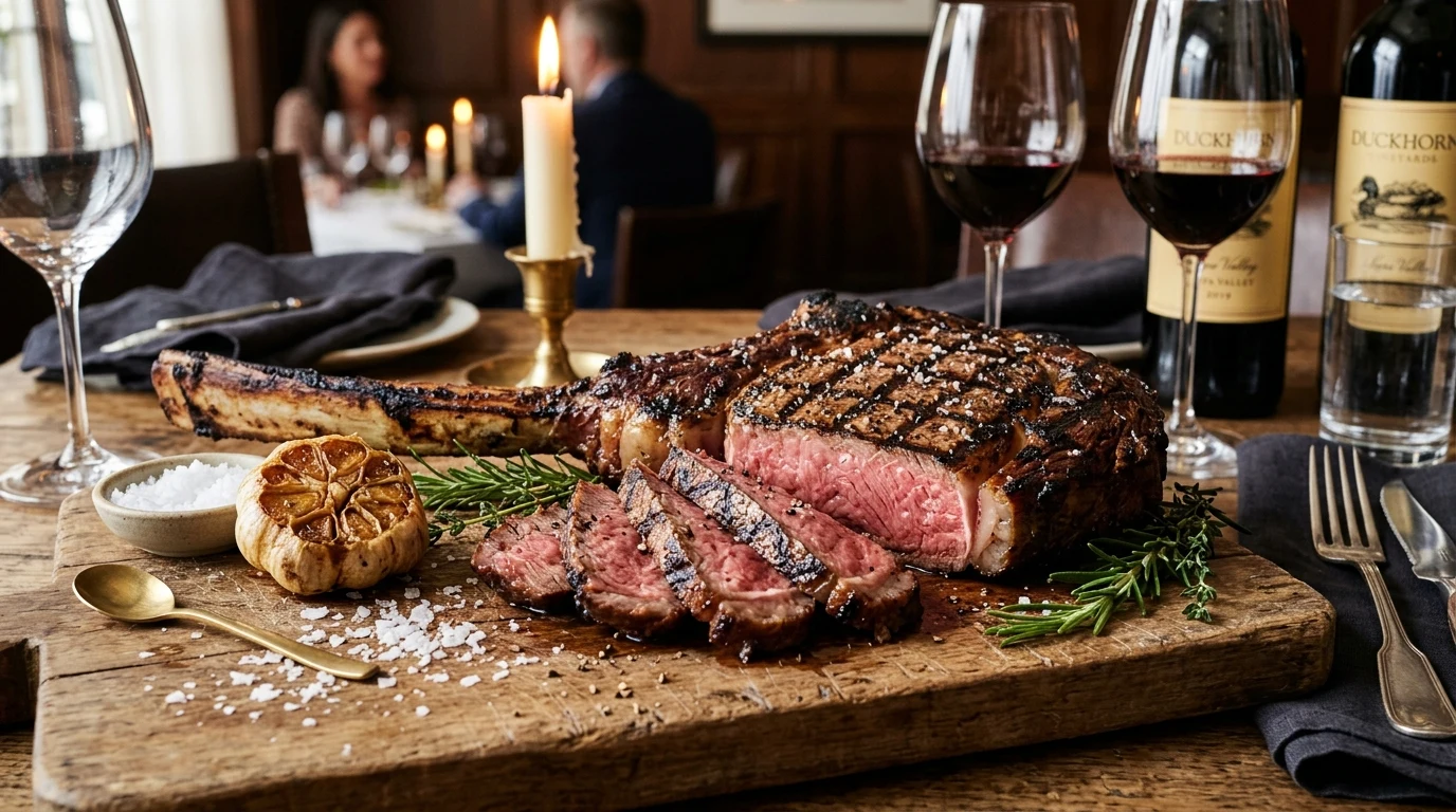 40 oz Prime Ribeye for Two carved on wooden board
