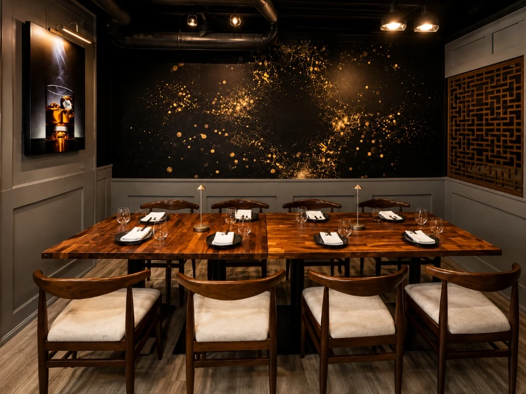 Private dining room at Duke's Steakhouse in Metuchen, NJ set with a long wooden banquet table, modern seating, and warm ambient lighting for private events