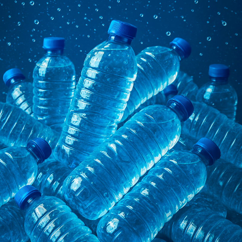 A pile of water bottles