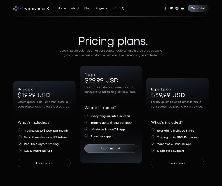 Cryptoverse X - Pricing Page - Crypto Webflow Template