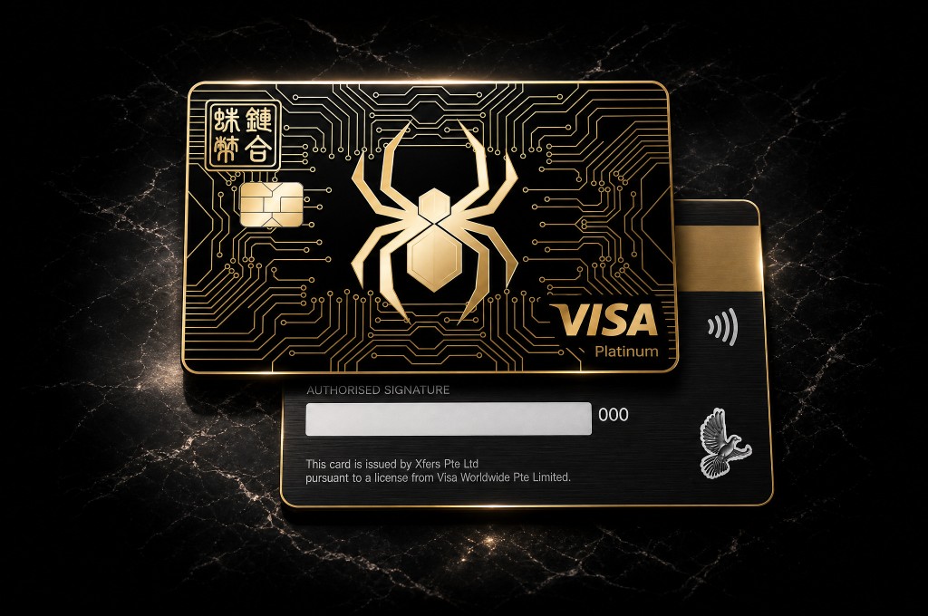 CobWeb Pay Legacy USD Card front and back on black marble: black metal card with a gold spider emblem, gold circuit-board detailing and Visa Platinum branding