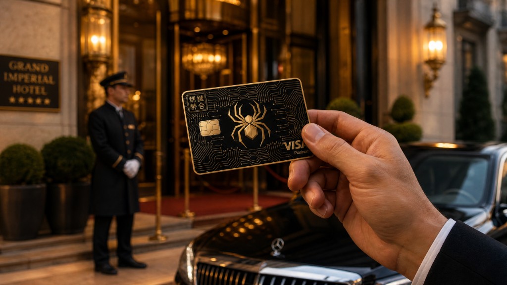 A hand presenting the black and gold CobWeb Pay Legacy card at the entrance of a grand hotel, with a uniformed doorman and waiting car behind