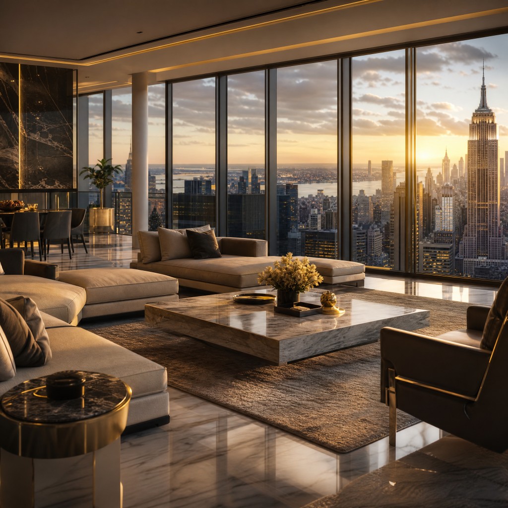 Luxury penthouse living room overlooking a city skyline at sunset