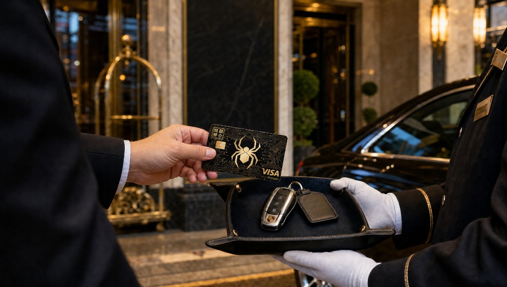 A guest in a dark suit hands the black and gold CobWeb Pay Legacy Visa Platinum card to a white-gloved valet holding a leather tray with a luxury car key