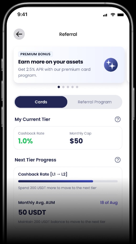 Spending tiers on the CobWeb Pay app