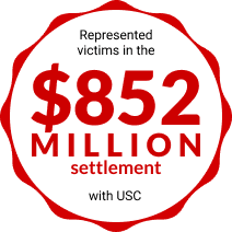 Red seal with text "$852 MILLION settlement with USC" and "Represented victims in the" at the top.