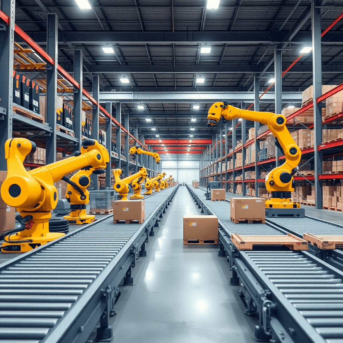 A modern warehouse filled with robotic arms and conveyors efficiently handling materials in a clean, organized environment, showcasing advanced technology.