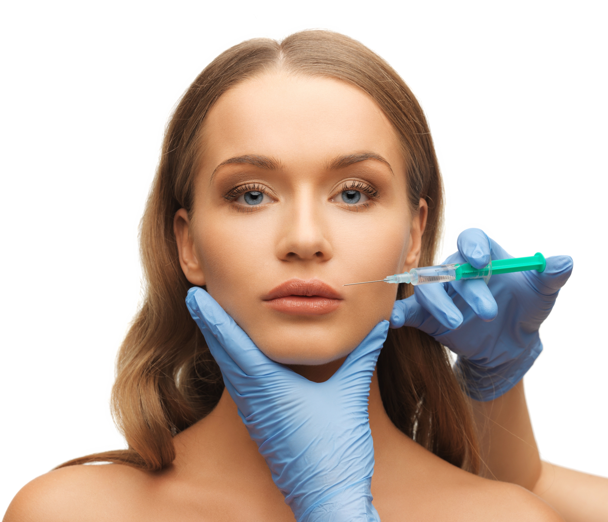 Close-up of a woman receiving NCTF injections in the face, with a medical professional wearing blue gloves administering a cosmetic facial treatment against a white background.