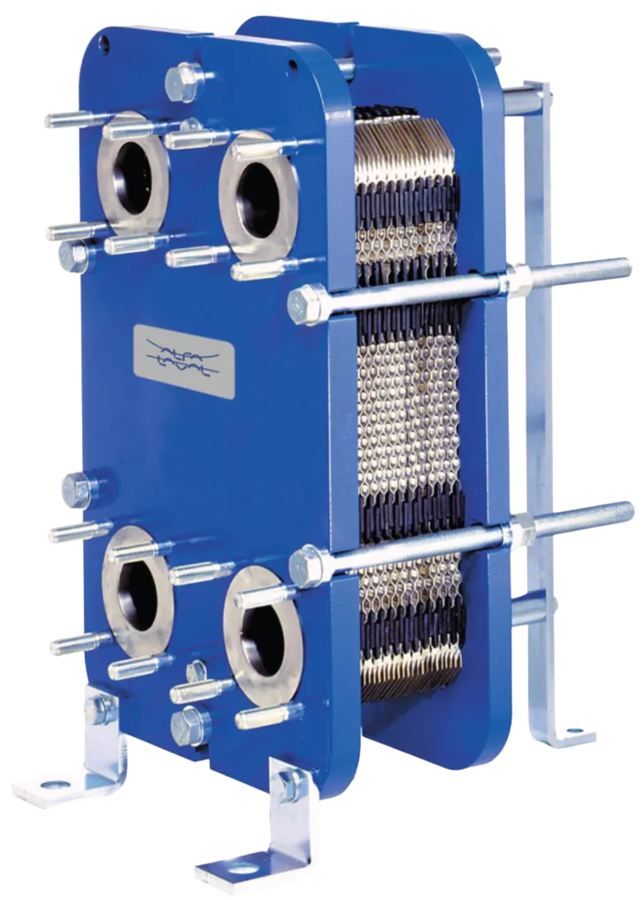 Blå pladevarmeveksler med metalsten og bolte.