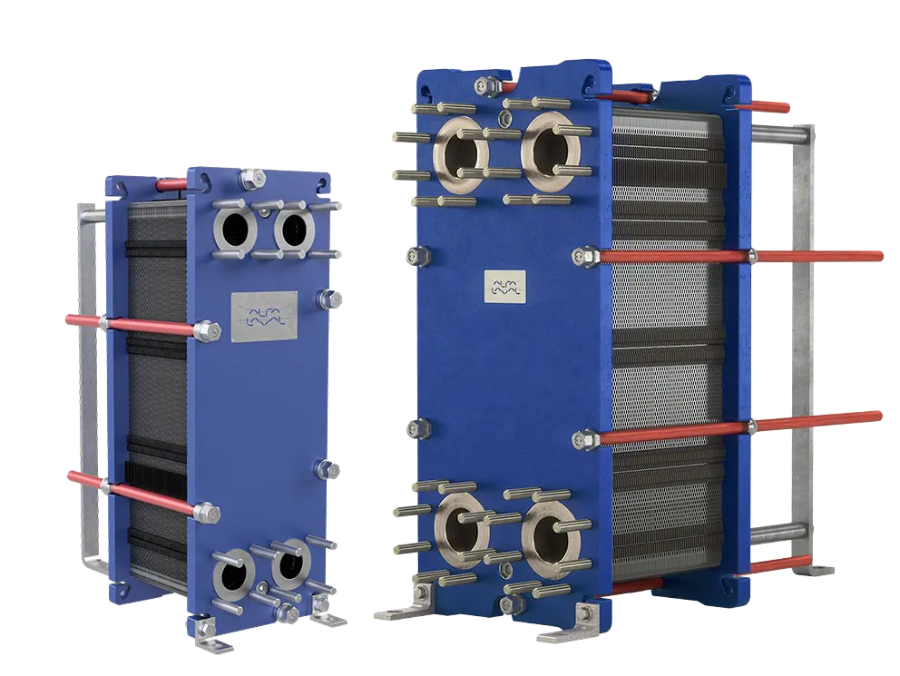 To blå varmevekslere med metalplader og røde spændestænger, med Alfa Laval-logo.