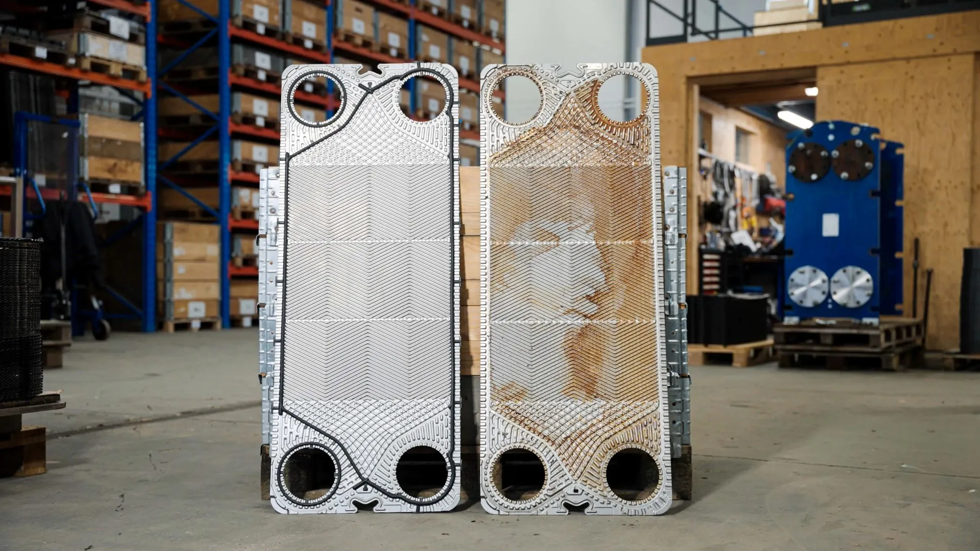 To metalplader til varmevekslere, en er ren og skinnende, den anden er rusten og misfarvet, placeret opret i et lager.