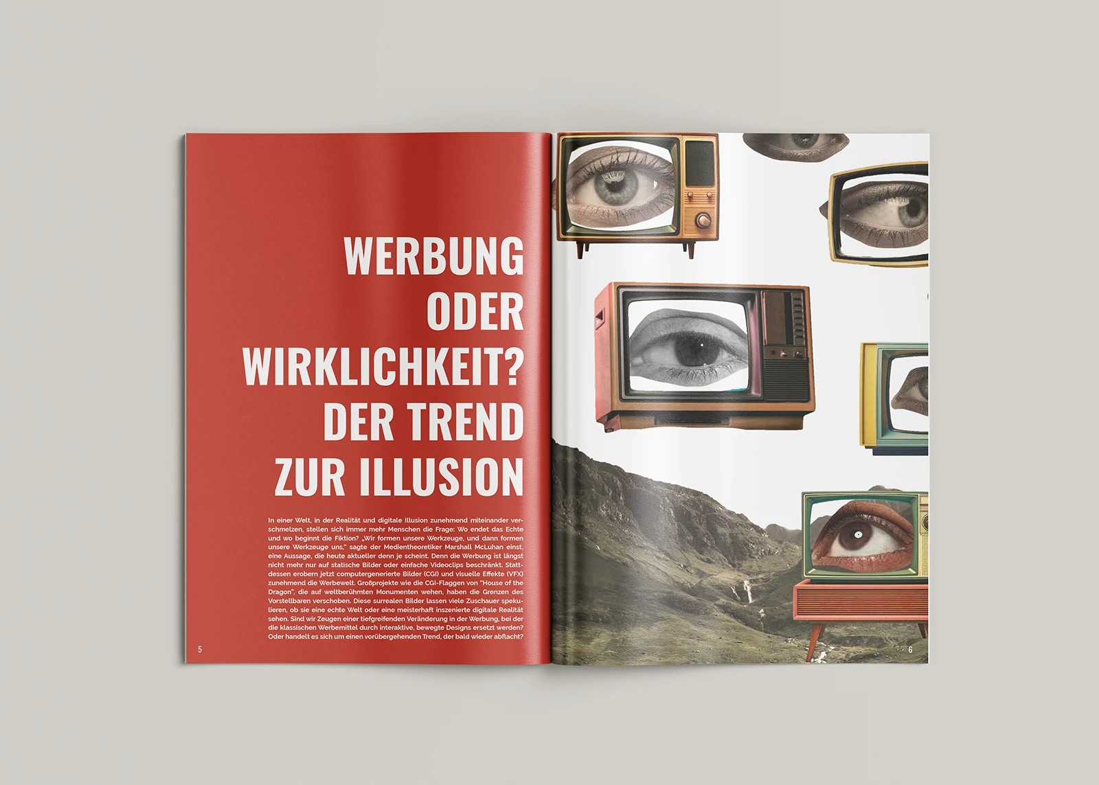 A mockup of a spread from the magazine. On the right white text with red background. On the left a creative collage