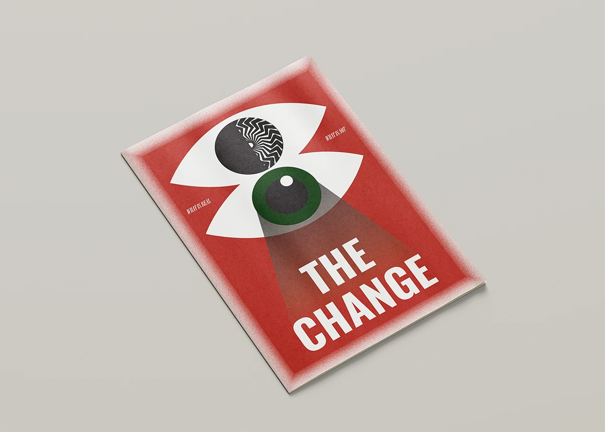 Cover of the magazine. Two eyes, red background. "The Change" in white