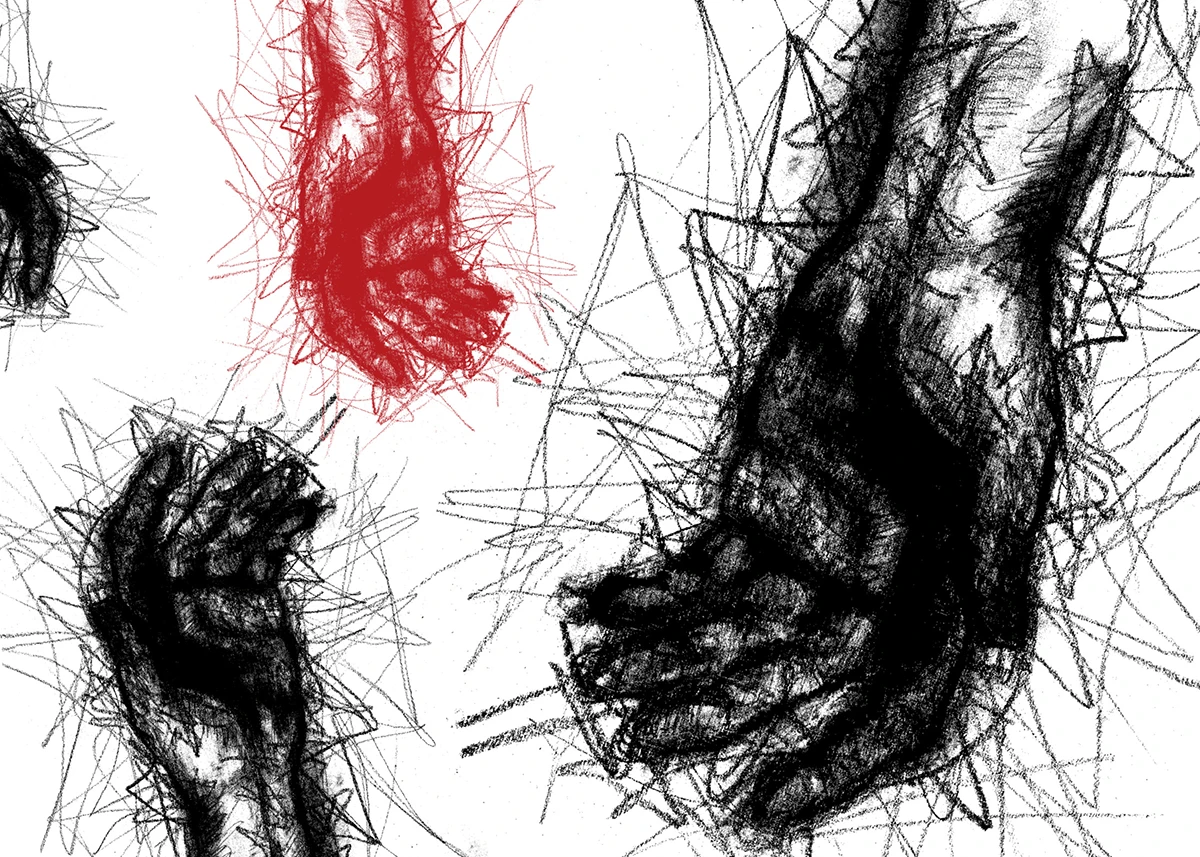 A lot of hands coming from all directions. Drawn with charcoal.
