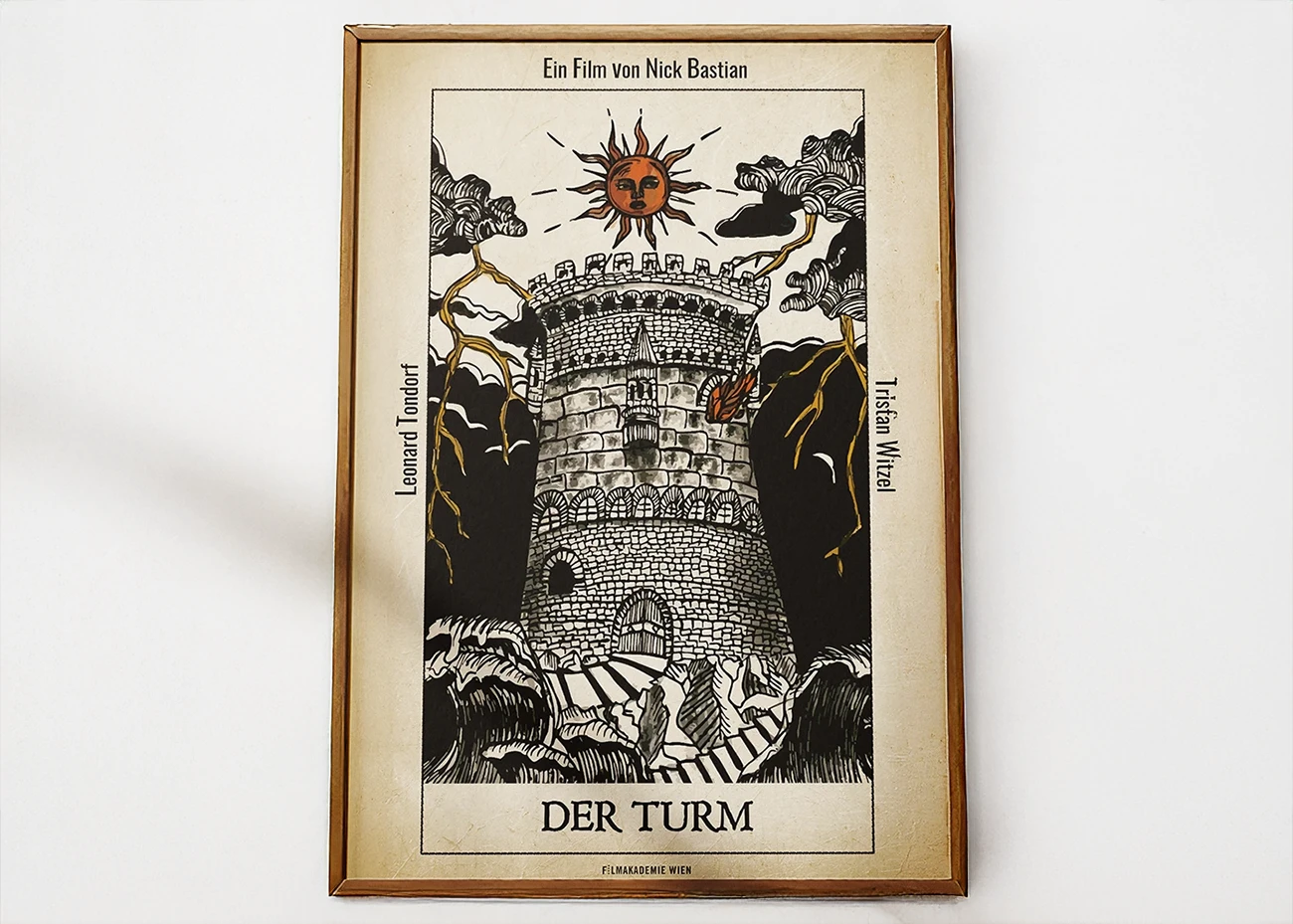 Movie poster with illustration. A big tower that resembles a tarot card. 