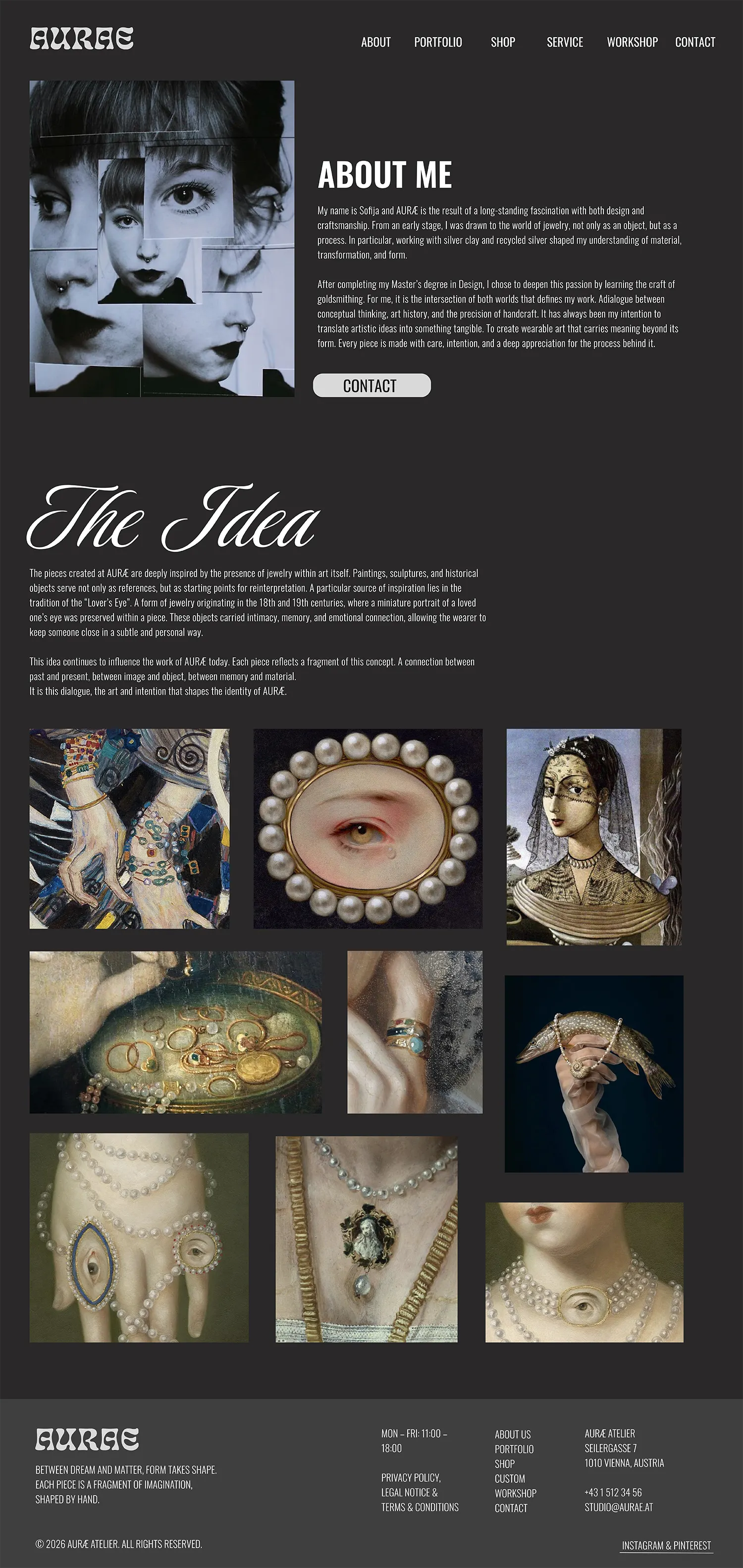 Web design concept for Aurae Atelier showcasing handcrafted jewellery, storytelling, and brand identity.
