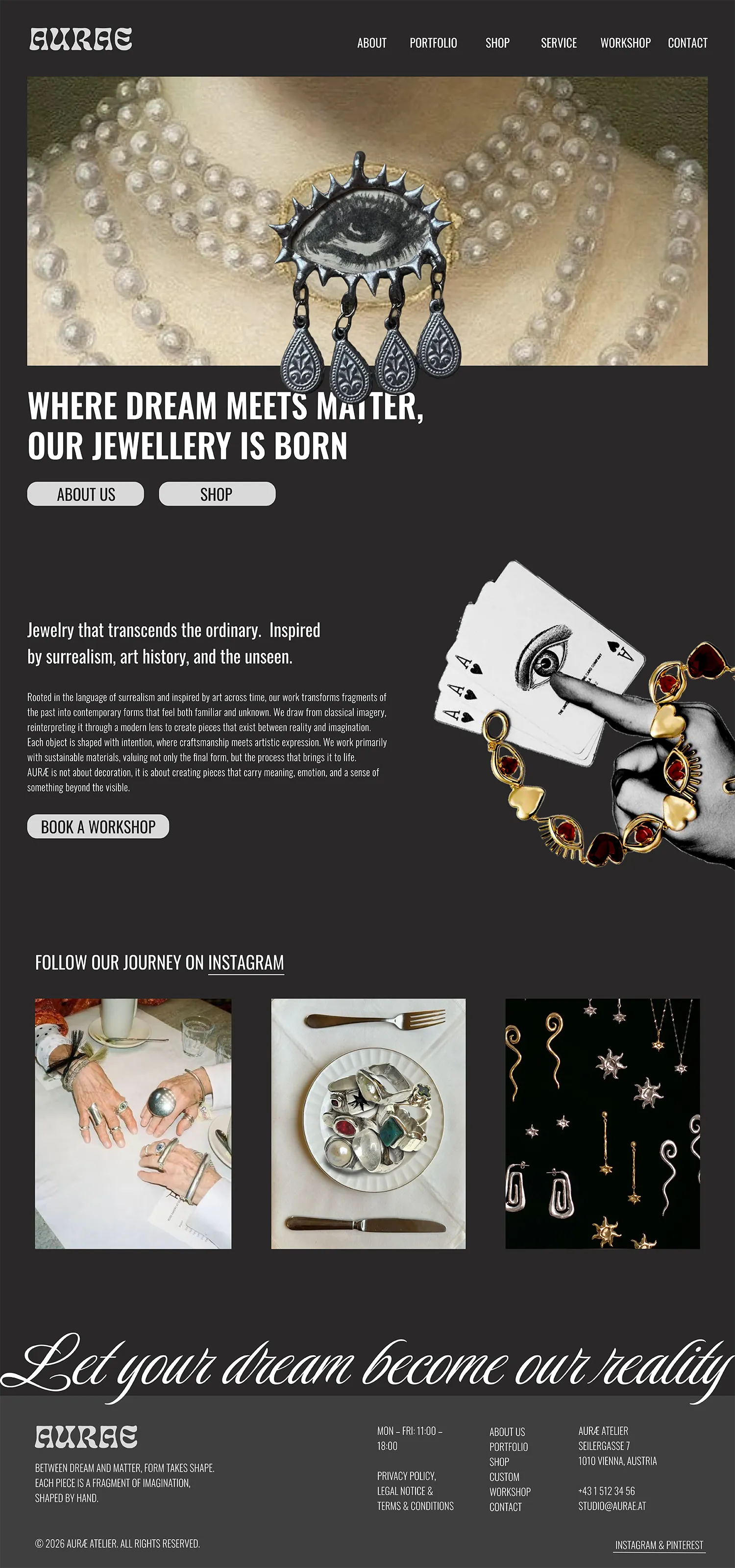 Homepage design for Aurae Atelier featuring handcrafted jewellery, surrealist influences, and luxury branding.