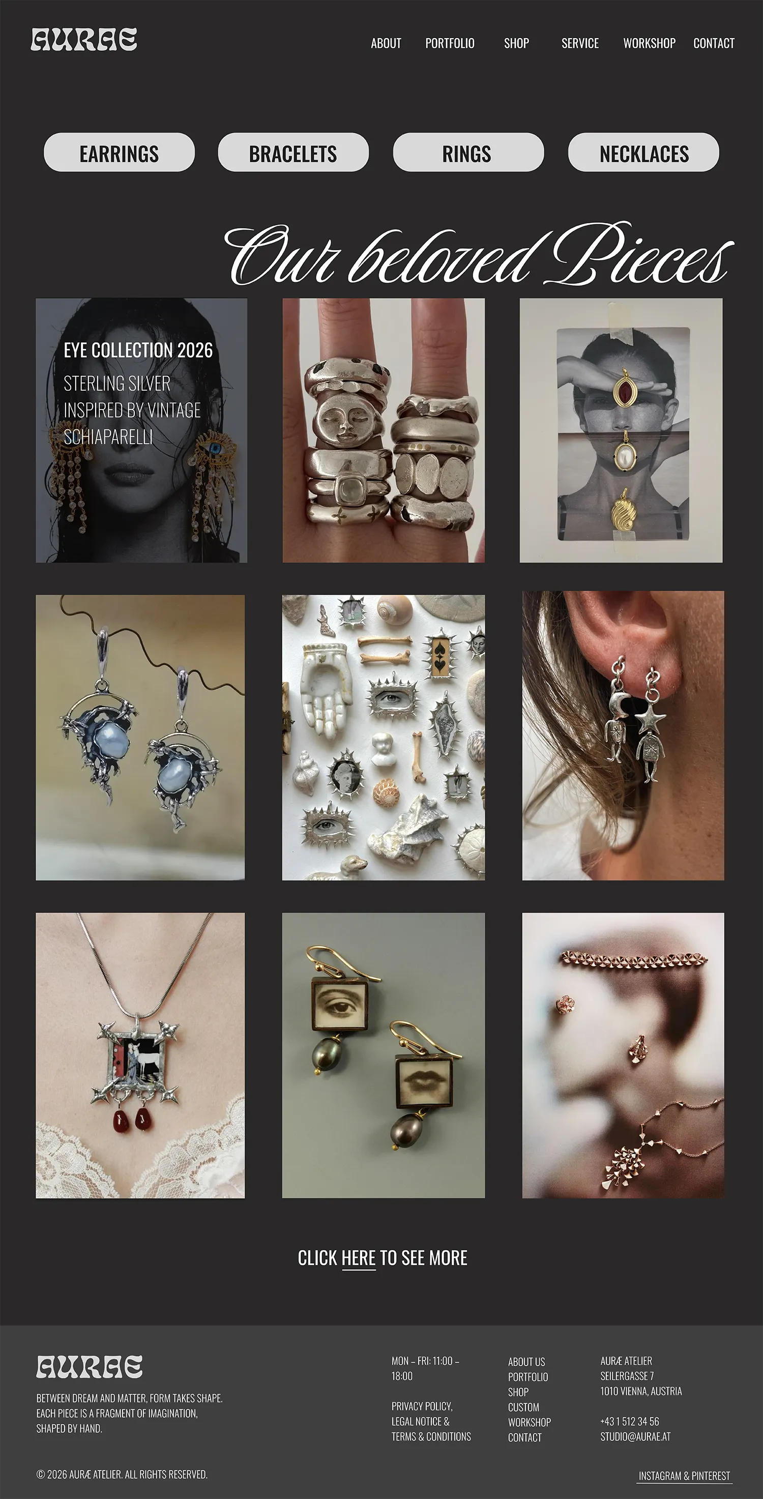 E-commerce jewellery website design displaying handcrafted rings, earrings, and necklaces.