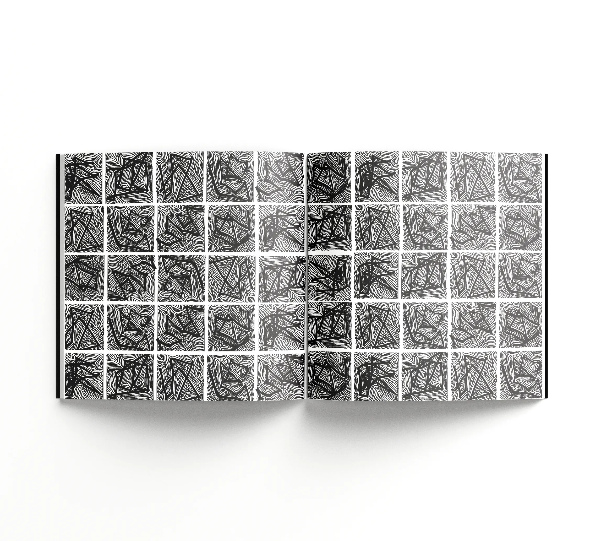 Editorial design spread featuring abstract black-and-white pattern illustrations in a printed publication.