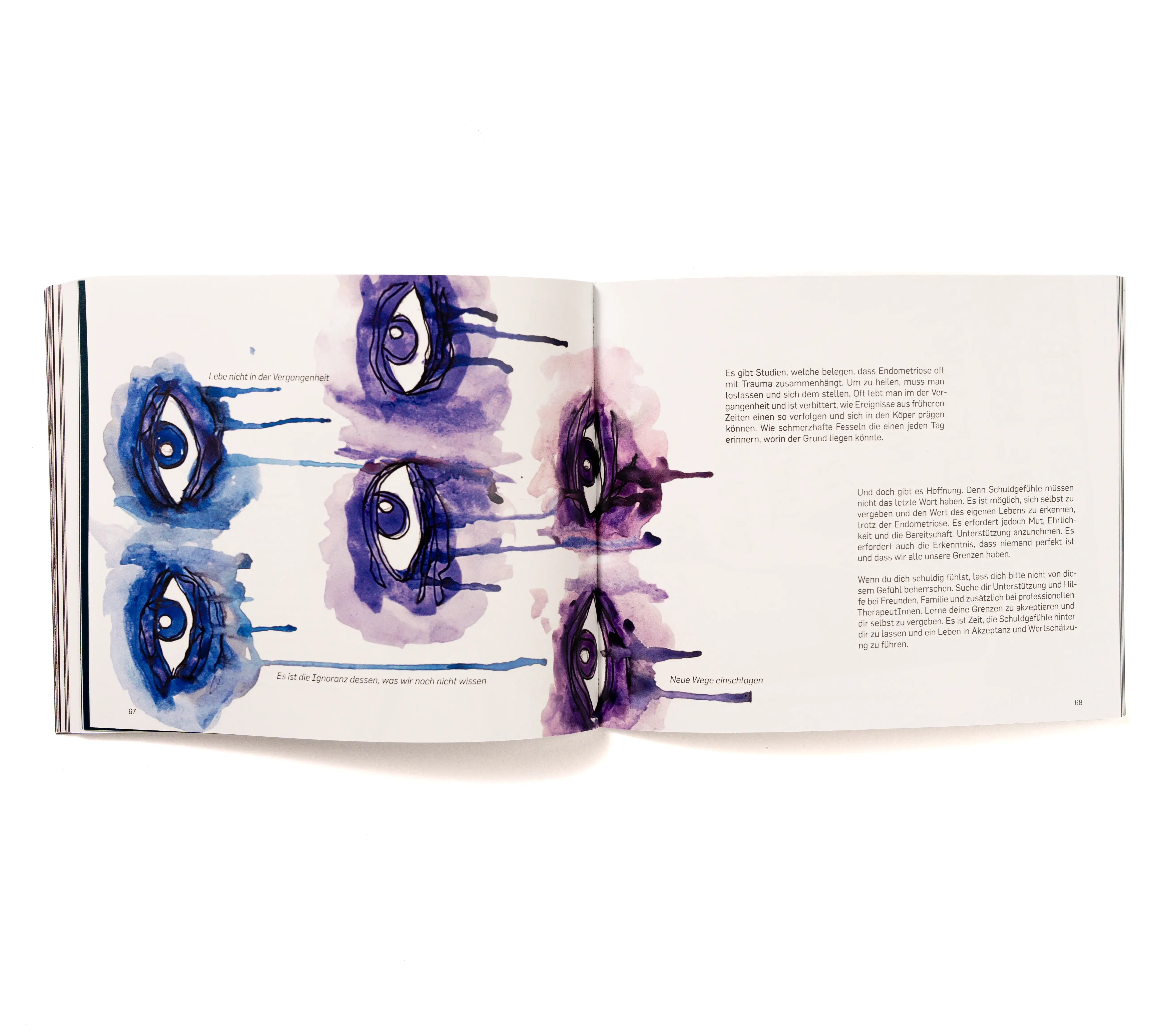 Illustrated editorial book spread combining watercolor eye illustrations and typography for a publication about endometriosis.