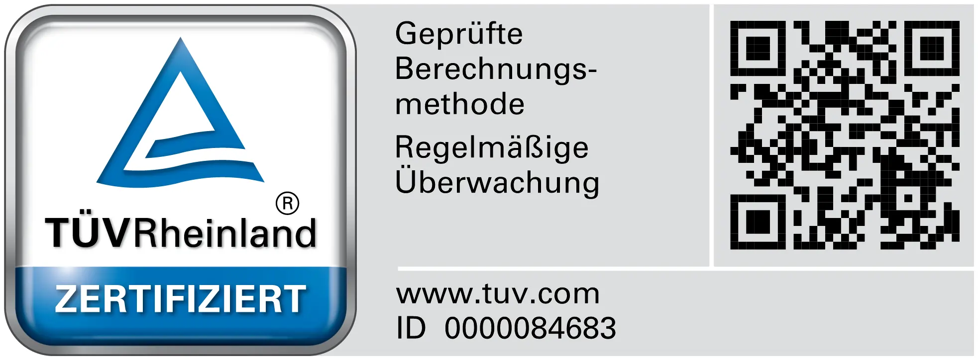 TÜV Rheinland zertifiziert Corporate Carbon Footprint mit geprüfter Berechnungsmethode und einem QR-Code.